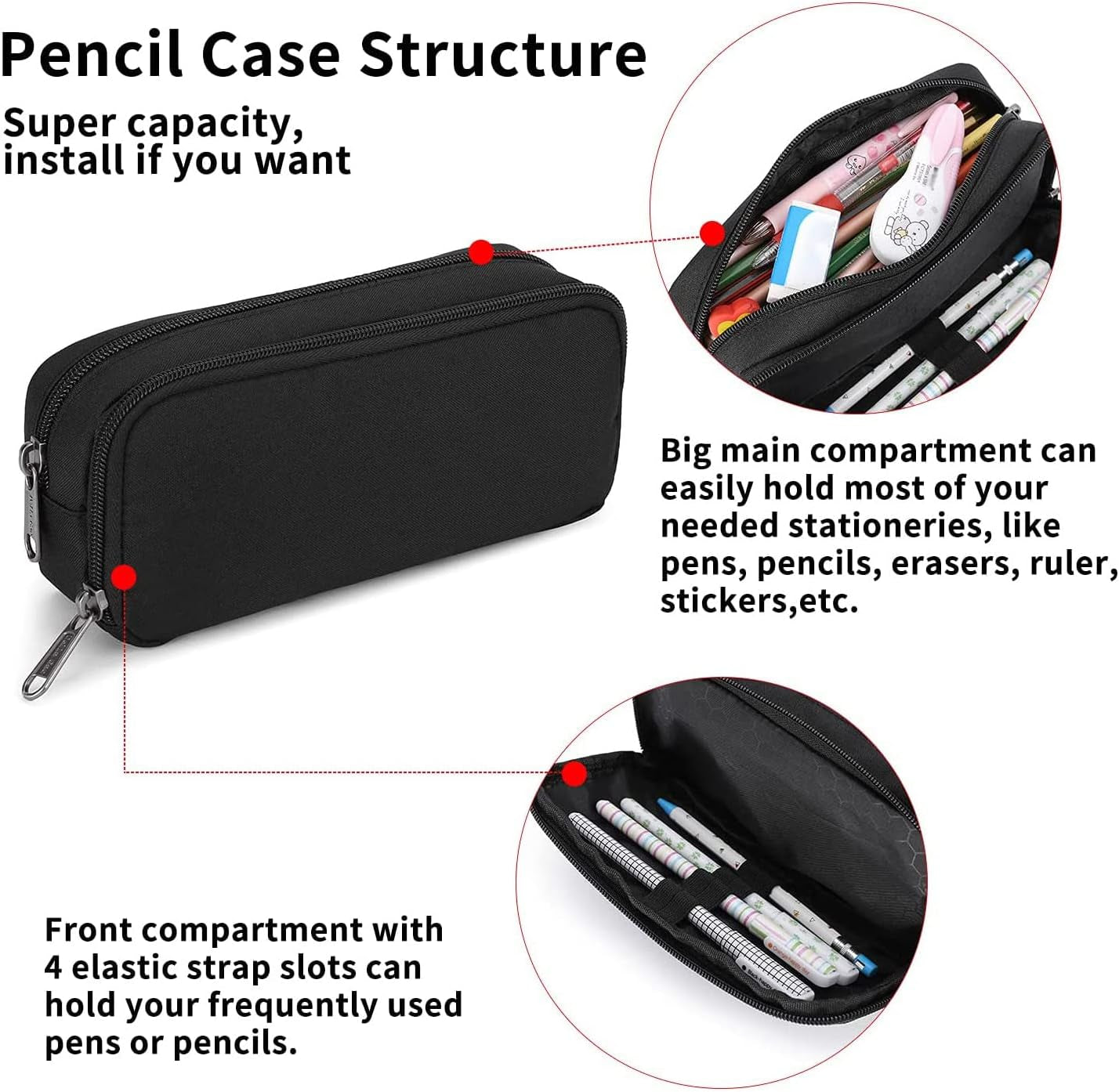 Pencil Case Large Capacity Pencil Pouch Aesthetic Pencil Box for Office Stationery Organizer, Simple Sturdy Multifunctional Pencil Bag for Men - Black