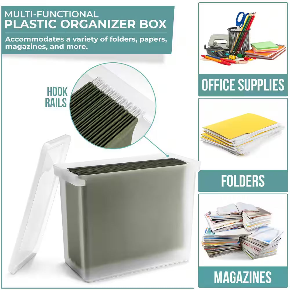 Stationery File Box, Office Storage Organizer W/Lid, Frosted White 13.3 In. X 10.3 In. Plastic Desk Organizer, 1-Piece