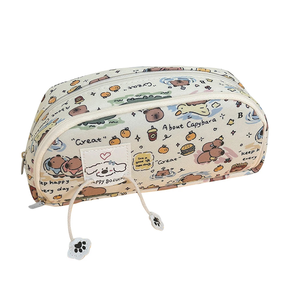 Cute Capybara Four-Layer Pen Bag Cartoon Large Capacity Pencil Case Stationery Organizer Storage Bag Students Stationeries