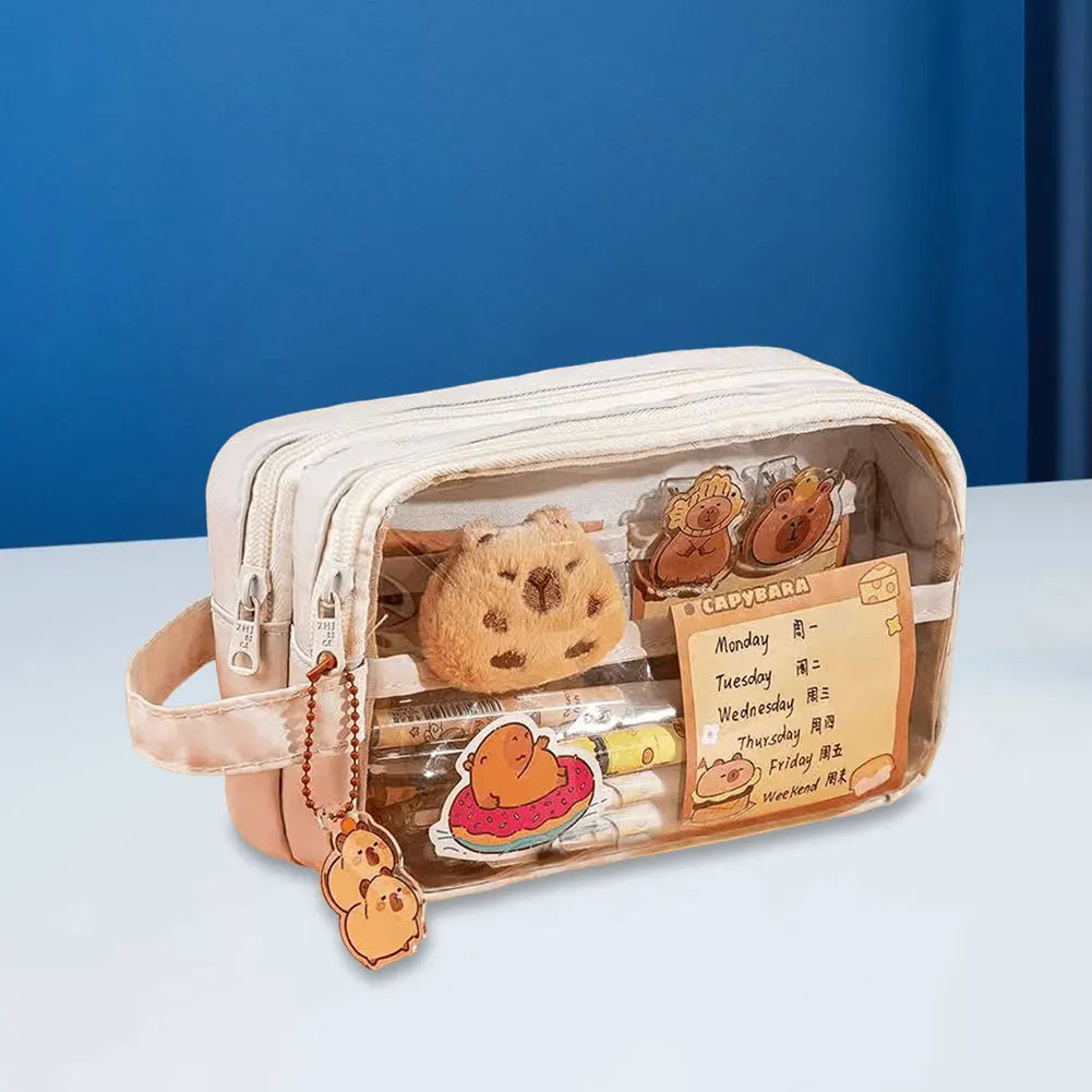 Capybara Kawaii Pencil Case with Compartments Stationary Bag Clear Pen Bag with Sticker Pendant for Office College School
