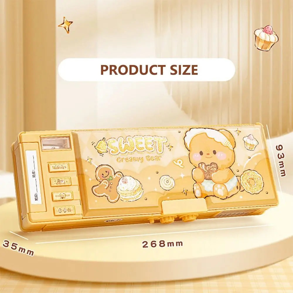 Cartoon Double Layer Pencil Case Large Capacity with Combination Lock Stationery Box Stationery Organizer Back to School Gift