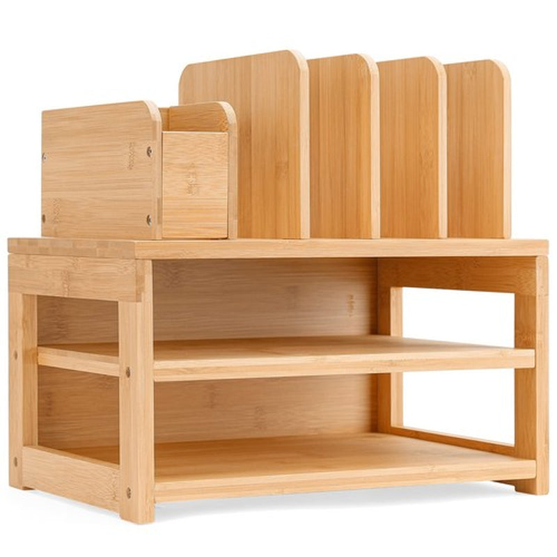 Bamboo Desk Organizer with File Holder Office Organization for Desks Adjustable