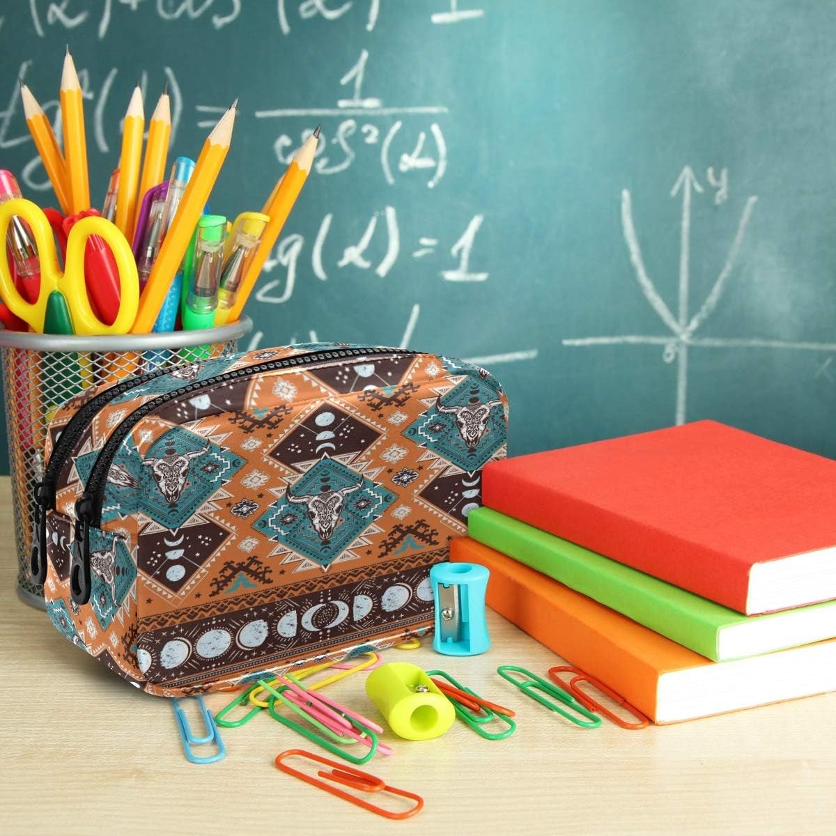 Indian Tribal Aztec Ornament Geometric Pattern with Skulls Cosmetic Bag Leather Pencil Case Waterproof Portable Travel Makeup Pouch with Zipper for Women