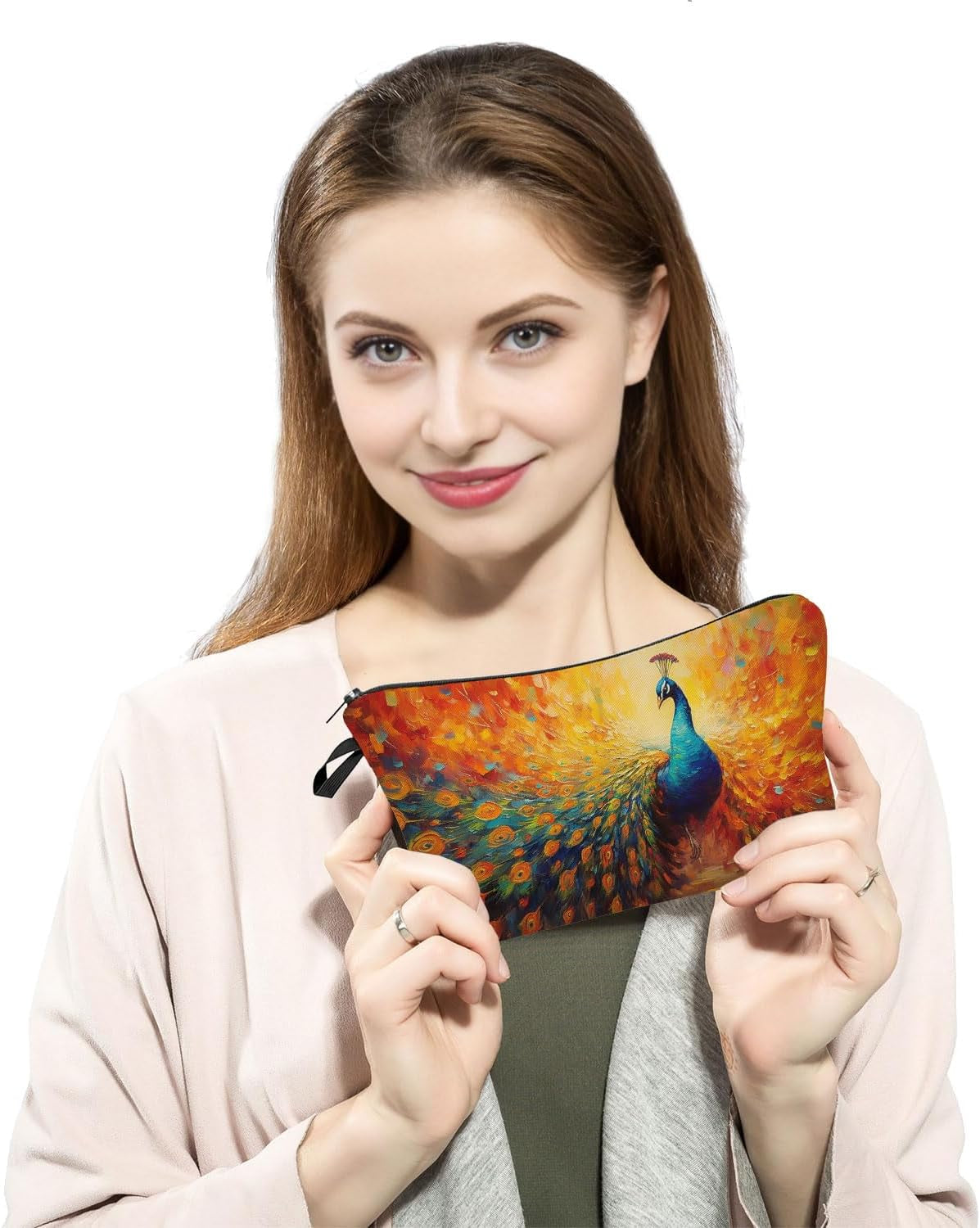 Peacock Present Peacock Pattern Makeup Bag Cute Small Organizer Bag with Zipper Oil Painting Peacock Cosmetic Bag Birthday Present for Peacock Lovers Women Sisters Friends