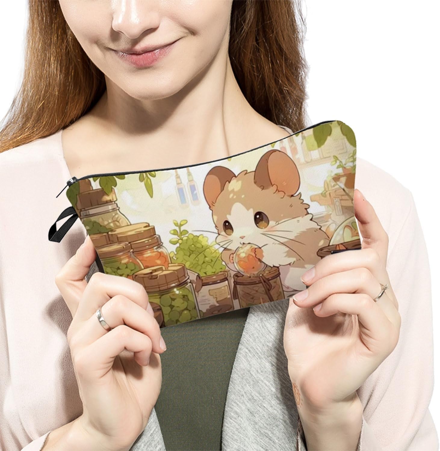 Cartoon Hamster Cosmetic Bag for Women Cute Small Makeup Organizer Pouch with Zipper Cartoon Hamster Toiletry Makeup Bag Gifts for Women Hamster Lovers