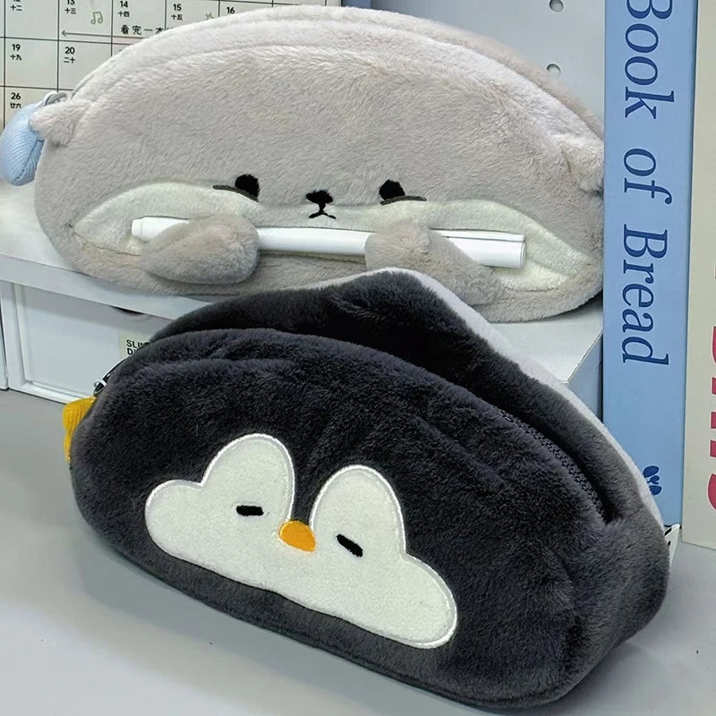 Kawaii Little Otter Penguin Plush Pen Bag Large Capacity Pencil Case Stationery Storage Bag Stationery School Supplies