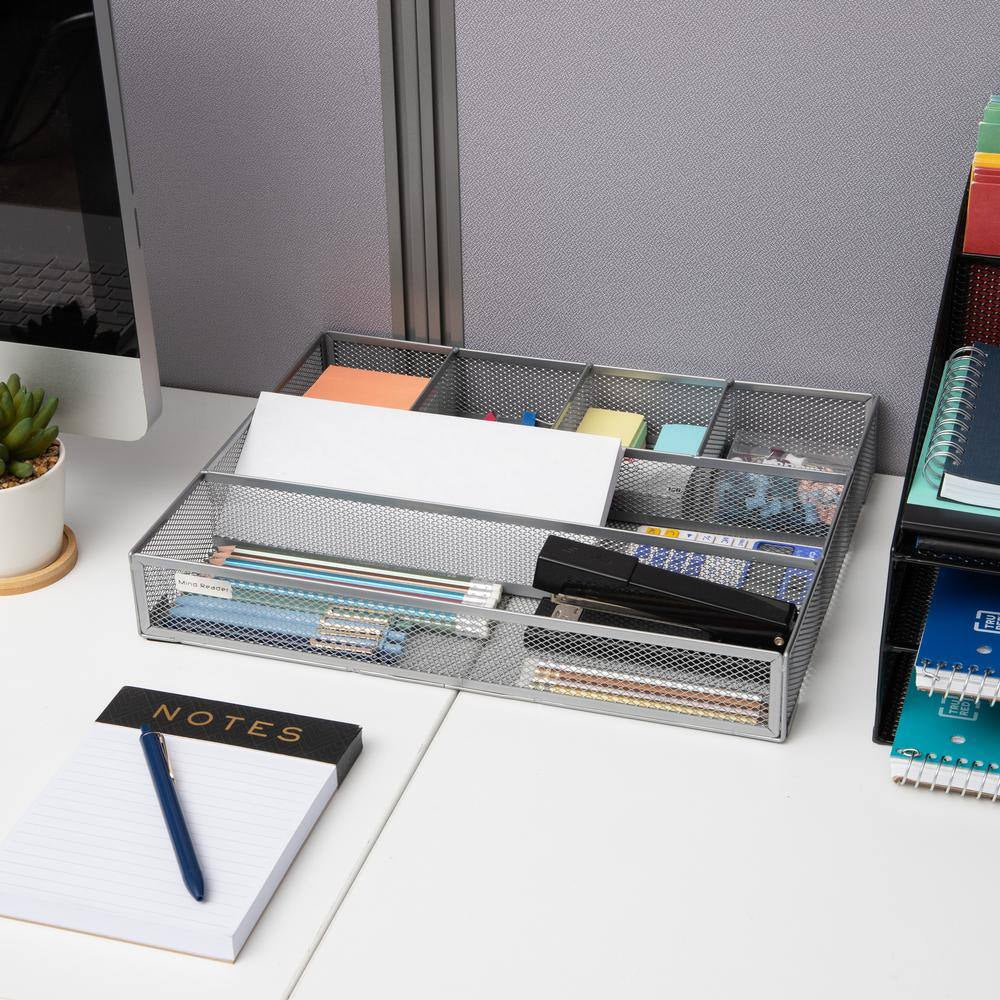15 In. L X 12 In. W X 2.25 In. H Drawer Organizer Desk Organizer Utensil Organizer, Silver (2-Pack)