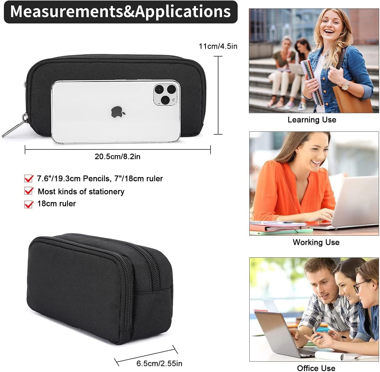Pencil Case Large Capacity Pencil Pouch Aesthetic Pencil Box for Office Stationery Organizer, Simple Sturdy Multifunctional Pencil Bag for Men - Black