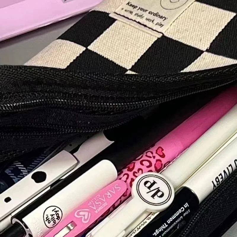 Simple Black and White Pencil Case Plaid Pencil Bag Kawaii Stationery Storage Bag for Kids Girls Back to School Supplies Gift