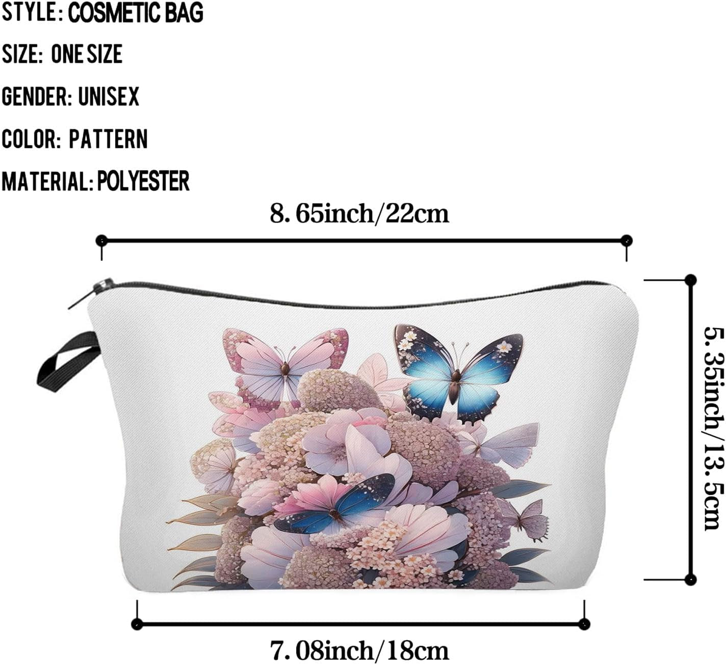 Butterfly Pink Floral Cosmetic Bag Cute Small Makeup Organizer Pouch with Zipper Butterfly Floral Hydrangea Toiletry Makeup Bag Aesthetic Presents for Butterfly Lovers Women