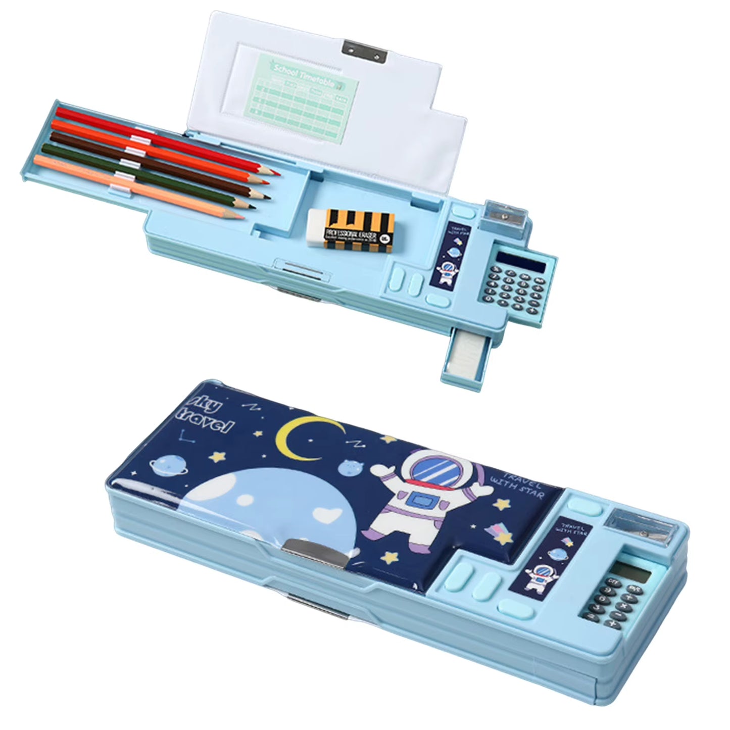 Pencil Cases Stationery Supplies School Cute Cartoon Universe Large Capacity Mulfunction with Calculator and Pencil Sharpener