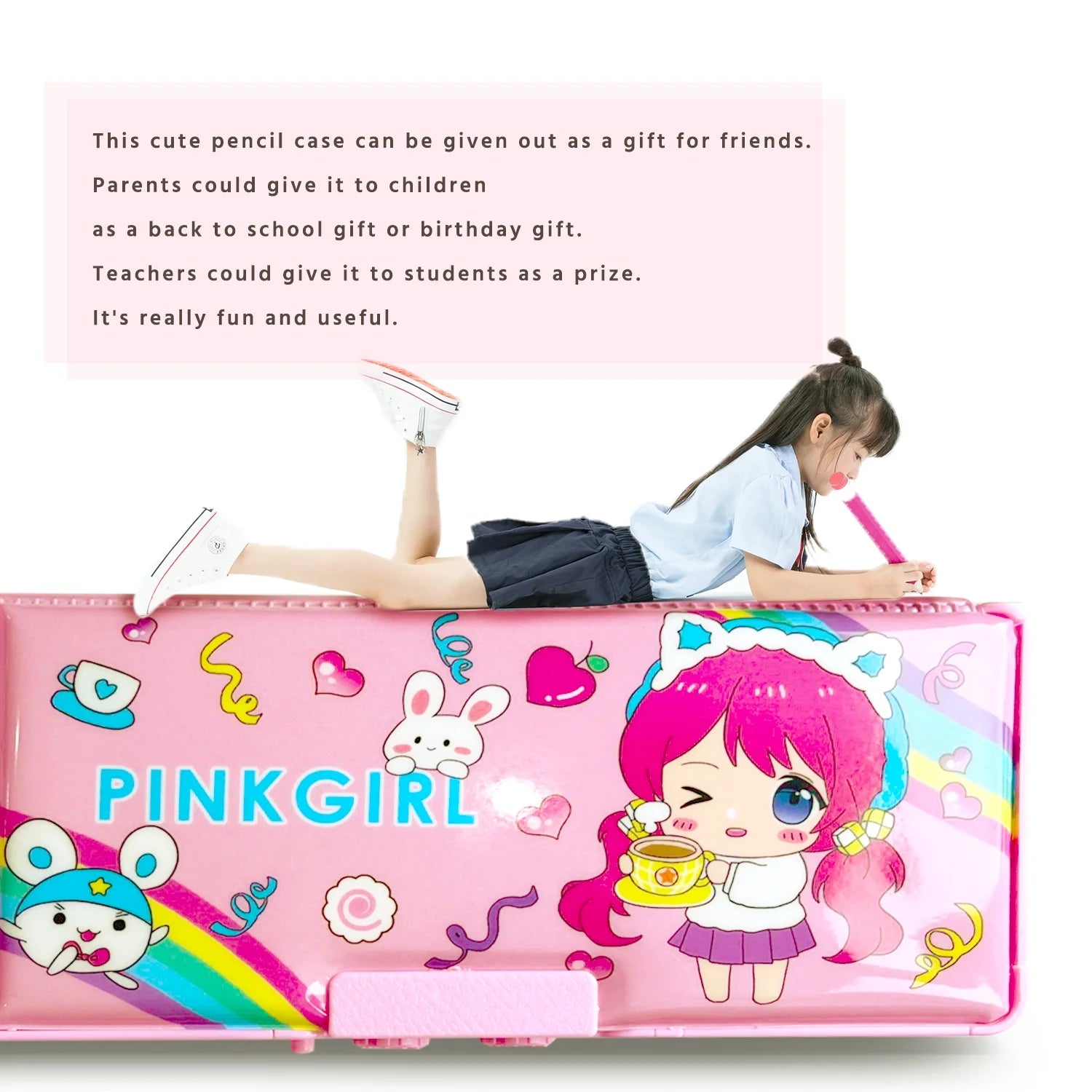 Pop up Multi Function Pencil Case (6-12), Cute Cartoon Pencil Box with Sharpener, Schedule, Whiteboard(Pink-Happy Day, with Password Lock)