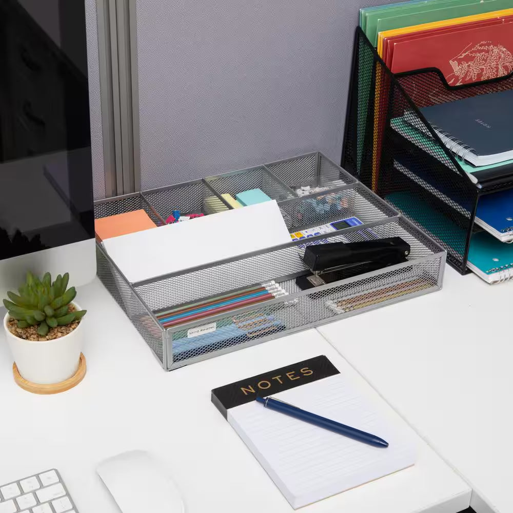 15 In. L X 12 In. W X 2.25 In. H Drawer Organizer Desk Organizer Utensil Organizer, Silver (2-Pack)