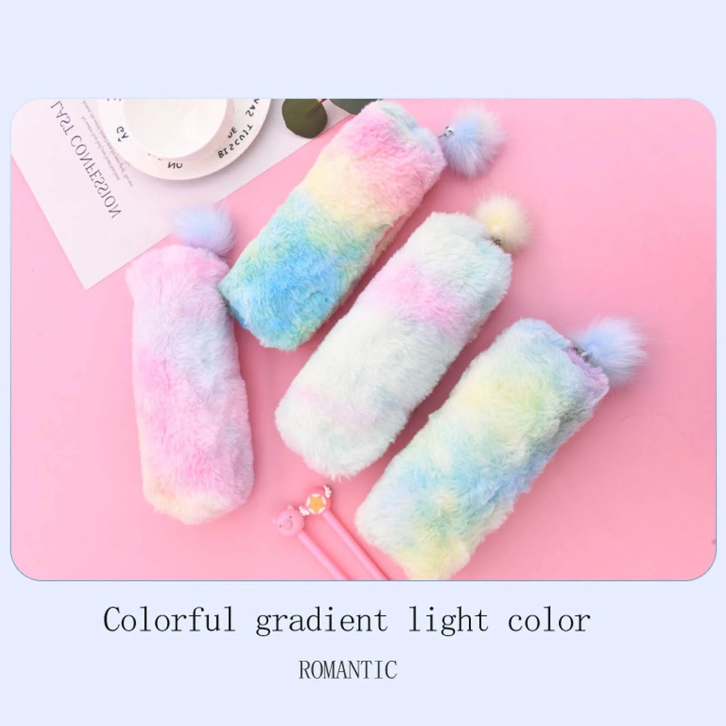 Back to Supplies, Gradient Bag Pouch Capacity Pencil Case Zipper Stationery Fleecy Hairball Large Office & Stationery Pencil Box,Pencil Case Bag