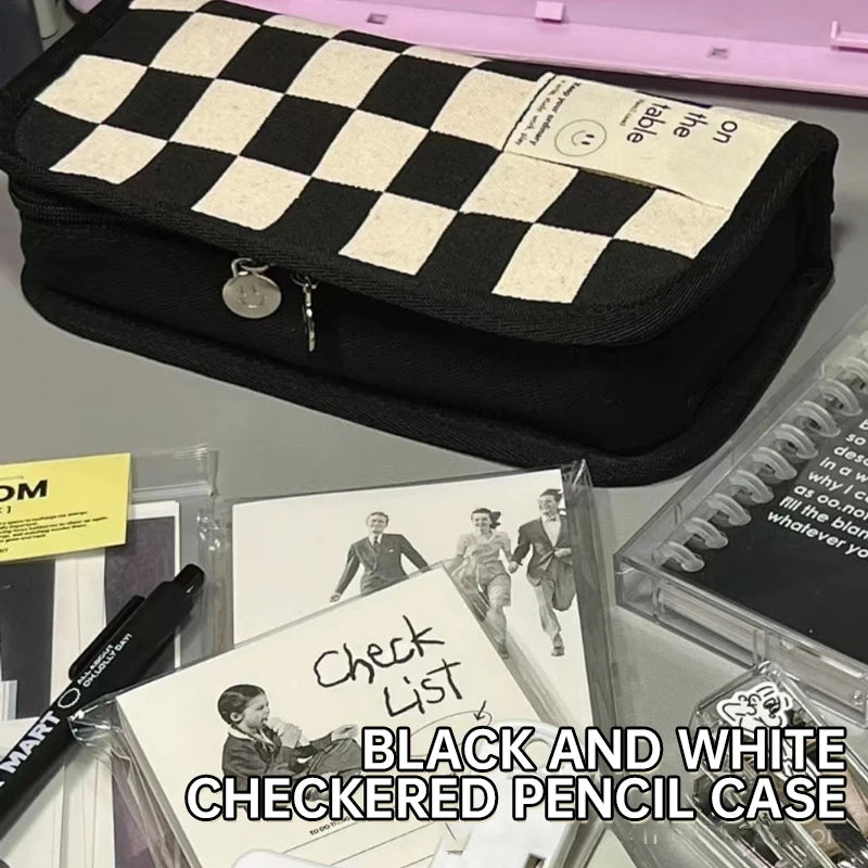 Simple Black and White Pencil Case Plaid Pencil Bag Kawaii Stationery Storage Bag for Kids Girls Back to School Supplies Gift