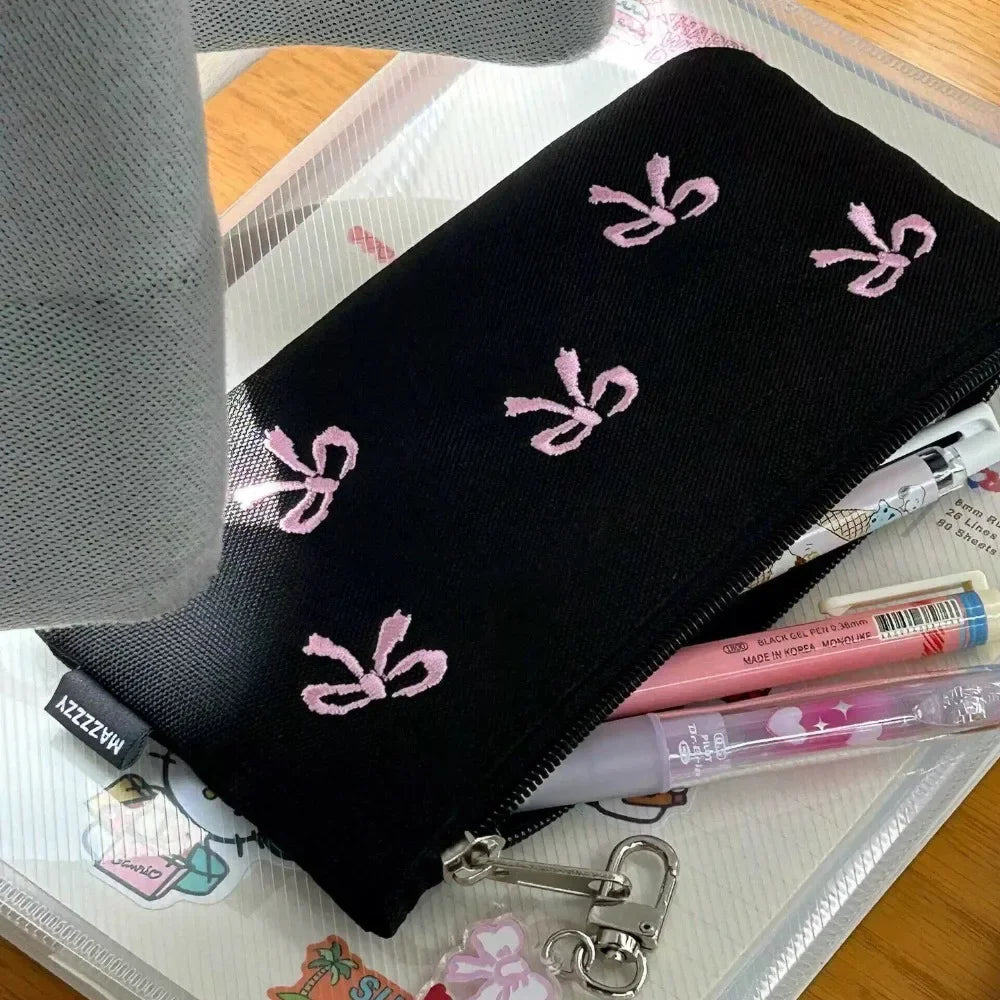 1PC Black Canvas Pen Bags Girl Heart Embroidered Bow Pencil Case Stationery Bag Cosmetics Storage Bag Pencil Case