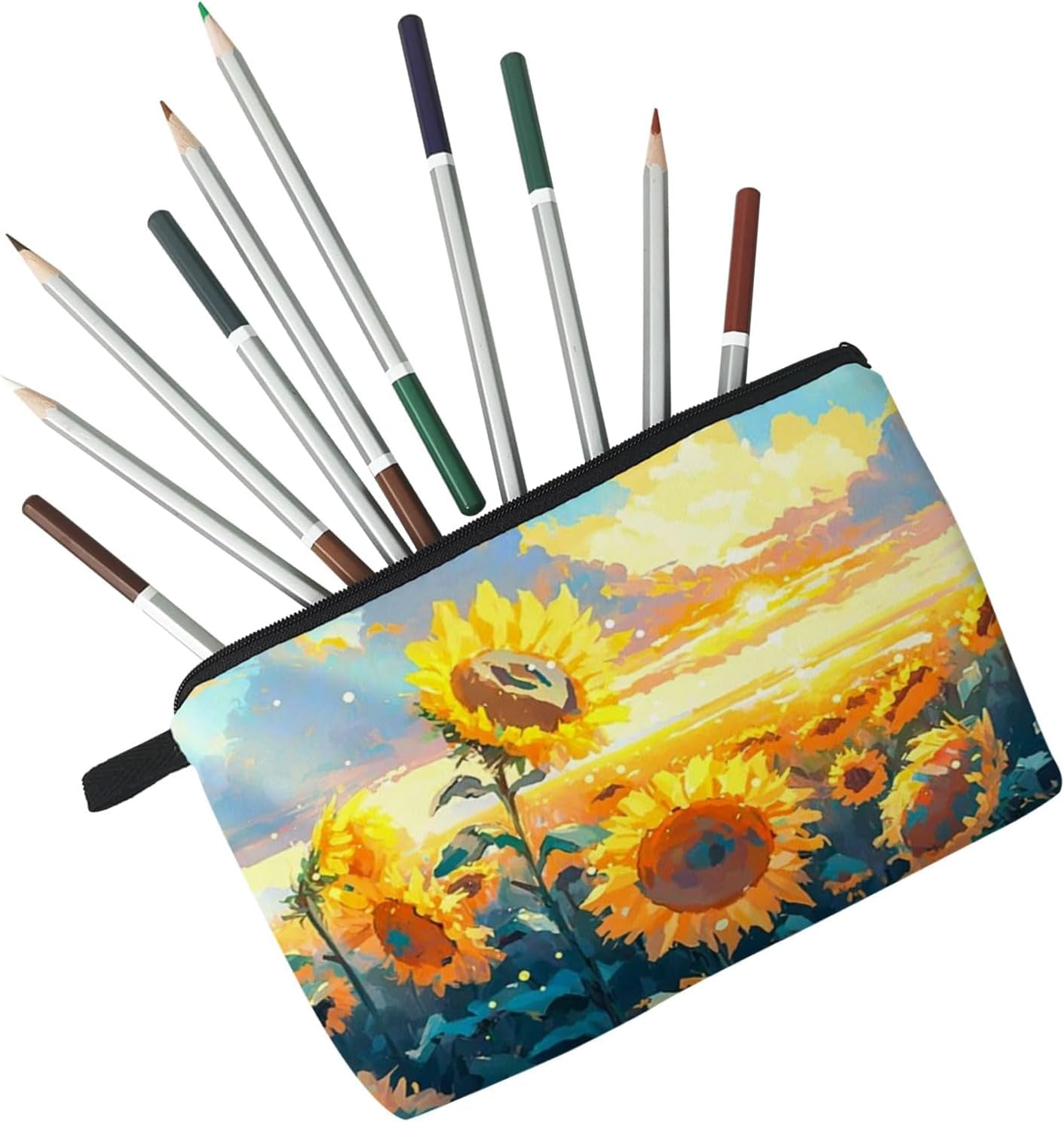 Sunflower Pattern Present Sunflower Field Makeup Bag Cute Small Organizer Zipper Pouch Sunflower Print Cosmetic Bag Birthday Present for Sunflower Lovers Women Friends