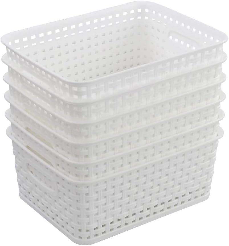 6 Packs White Plastic Organizing Basket, Small Pantry Storage Baskets