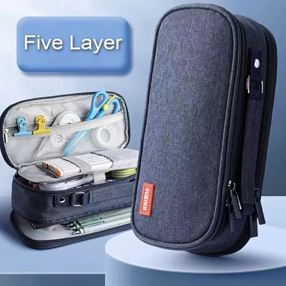 Portable Pen Storage Bag Large Capacity Durable Canvas Pencil Case 5 Layer Solid Color Student Stationery Boxes School Supplies