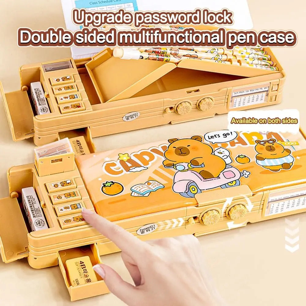 Multifunctional Capibara Pencil Case Large Capacity Password Lock Stationery Box Double Layer High-Tech Pen Box NO Stationery