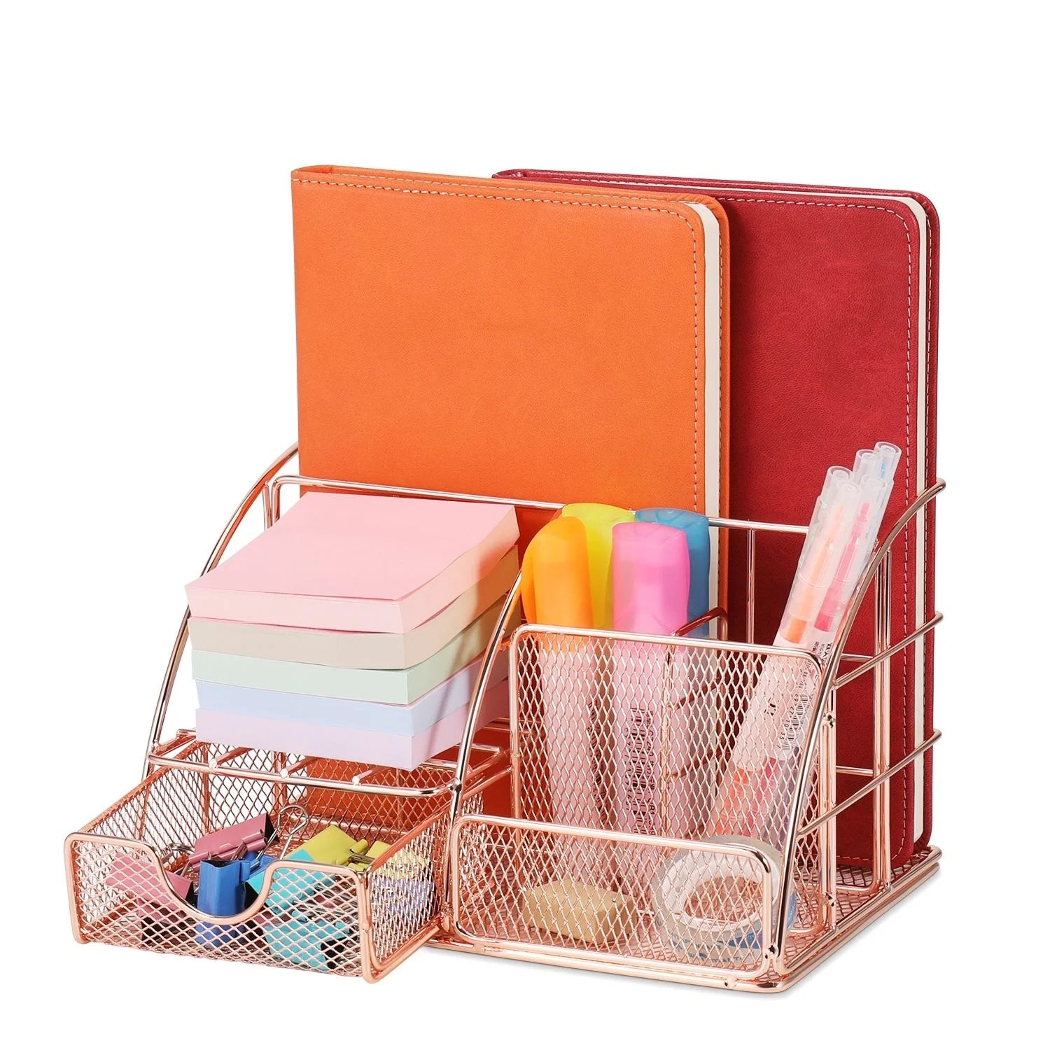 Metal Mesh Desktop Organizer with Drawer, Rose Gold
