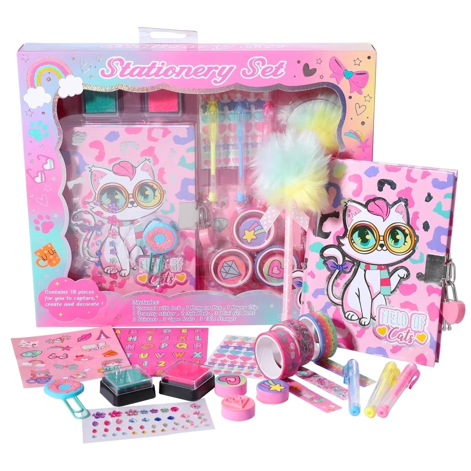 Cat Diary Set with Lock and Keys, Kitten Stationery Set with Stamps Stickers Pens Notebook Journal Kit Gift for Easter