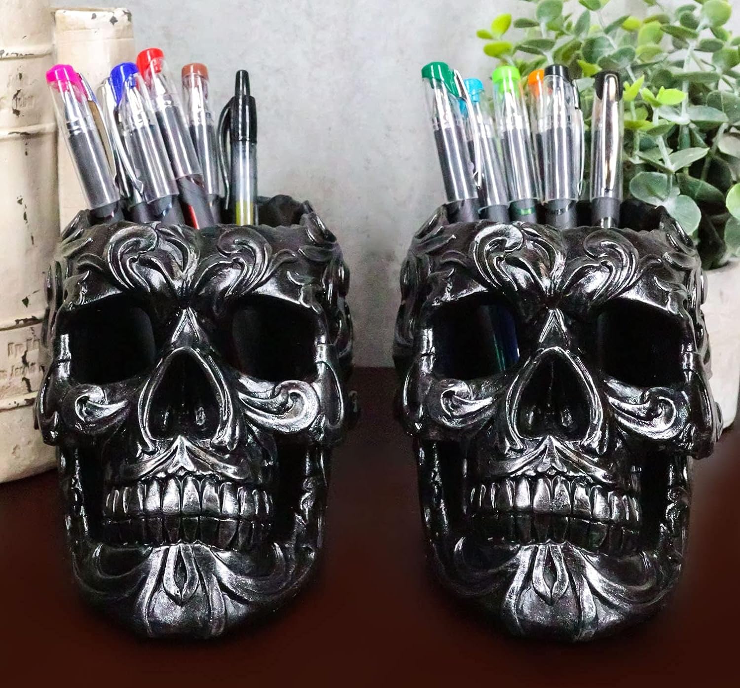 Set of 2 Tribal Tattoo Floral Skull Pen Holder Figurine 5.75" L Office Desktop Ossuary Skulls Decor Cranium Skeleton Head Stationery Holder as Halloween Macabre Graveyard Spooky Statue
